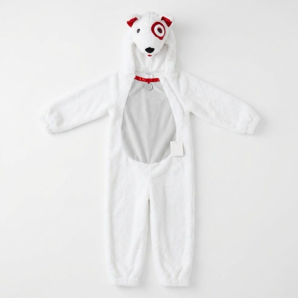 Target Bullseye Dog Costume Kids 2T-3T White NWT Halloween Mascot Jumpsuit
